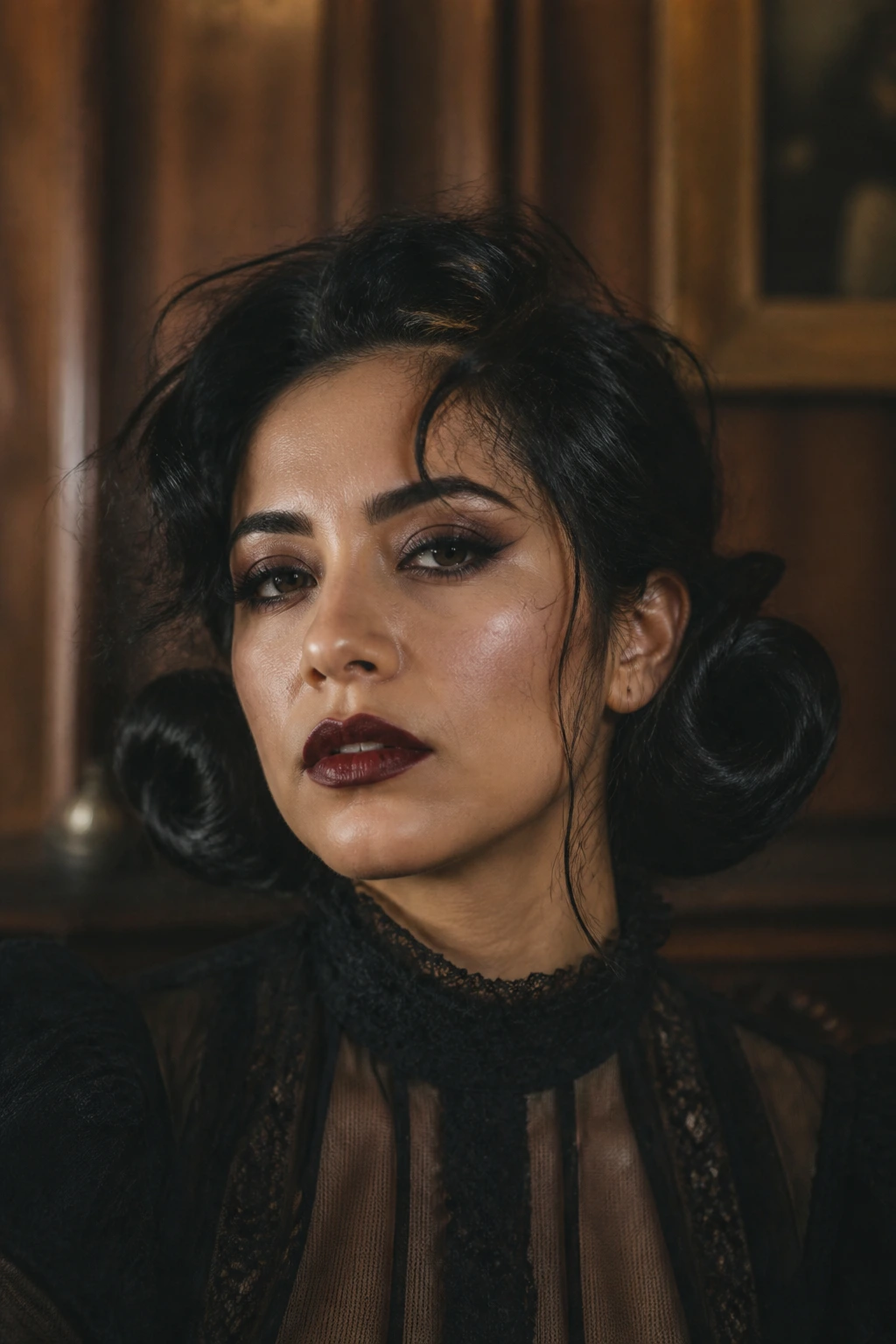 Latina woman with messy low pin-up rolls and gothic makeup