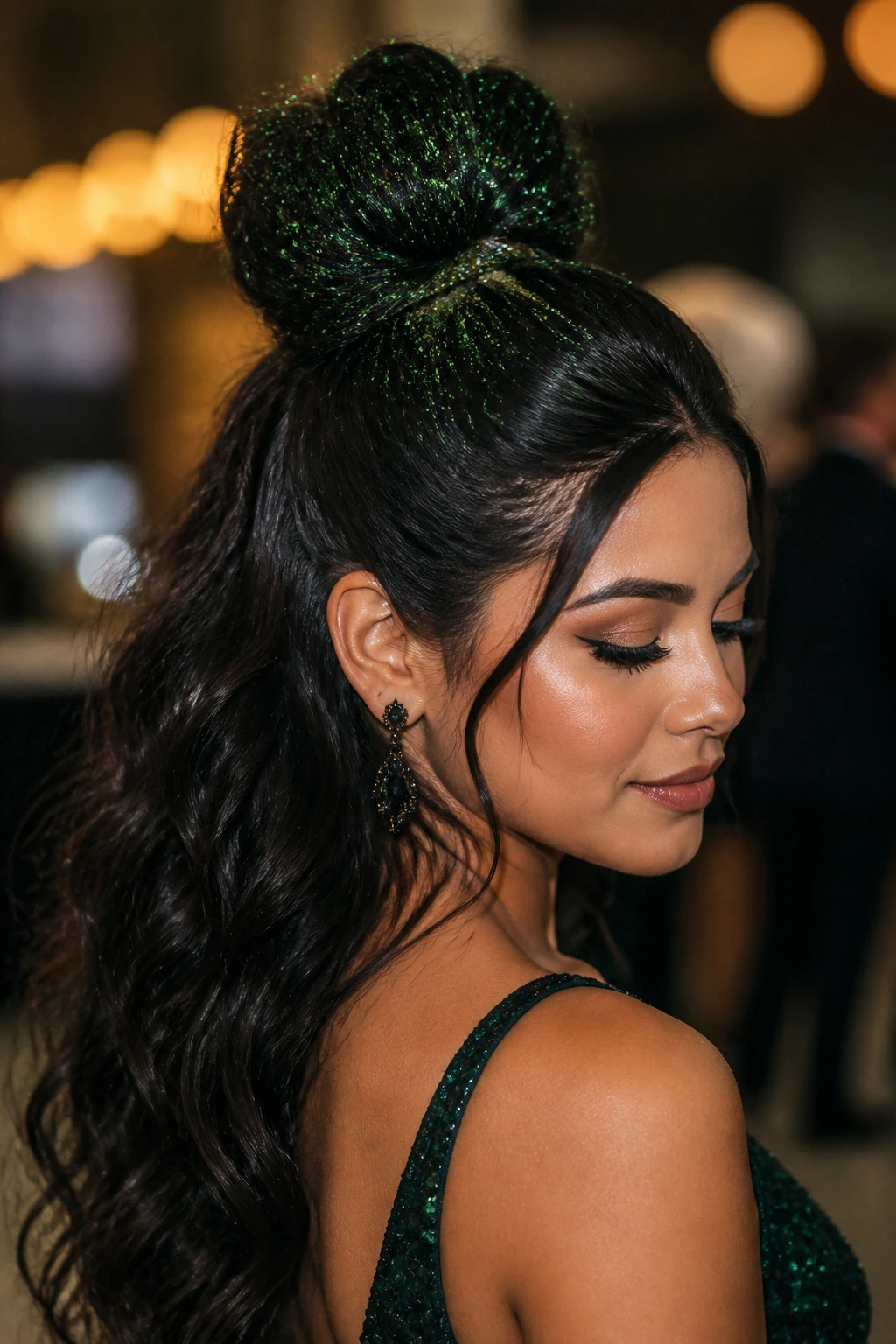 Real woman with pine green glitter half-up bun
