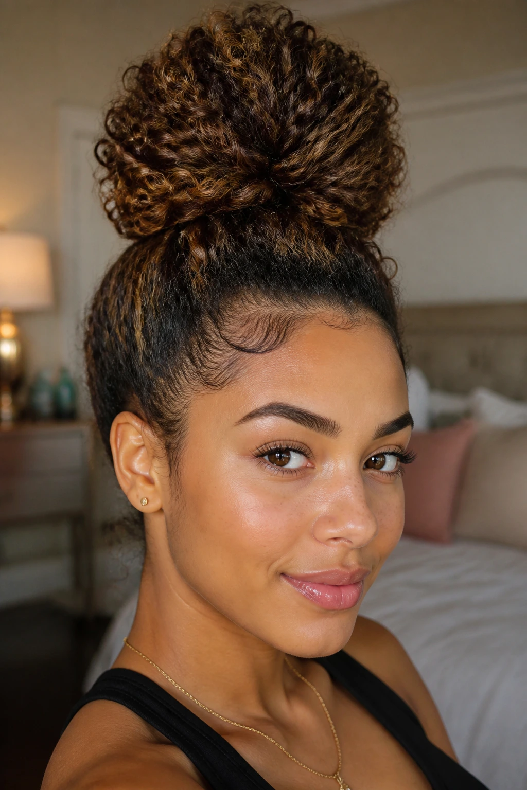 Close-up portrait of a real woman with a high pineapple bun