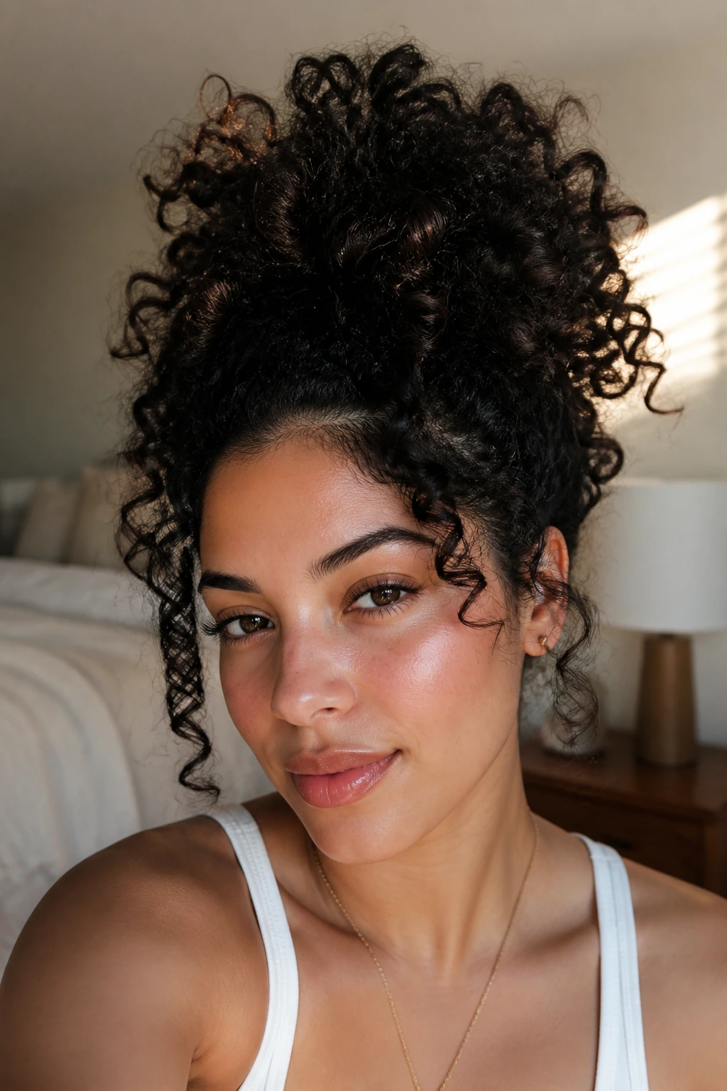Close-up of a real woman with a natural curly pineapple hairstyle piled high on her crown.