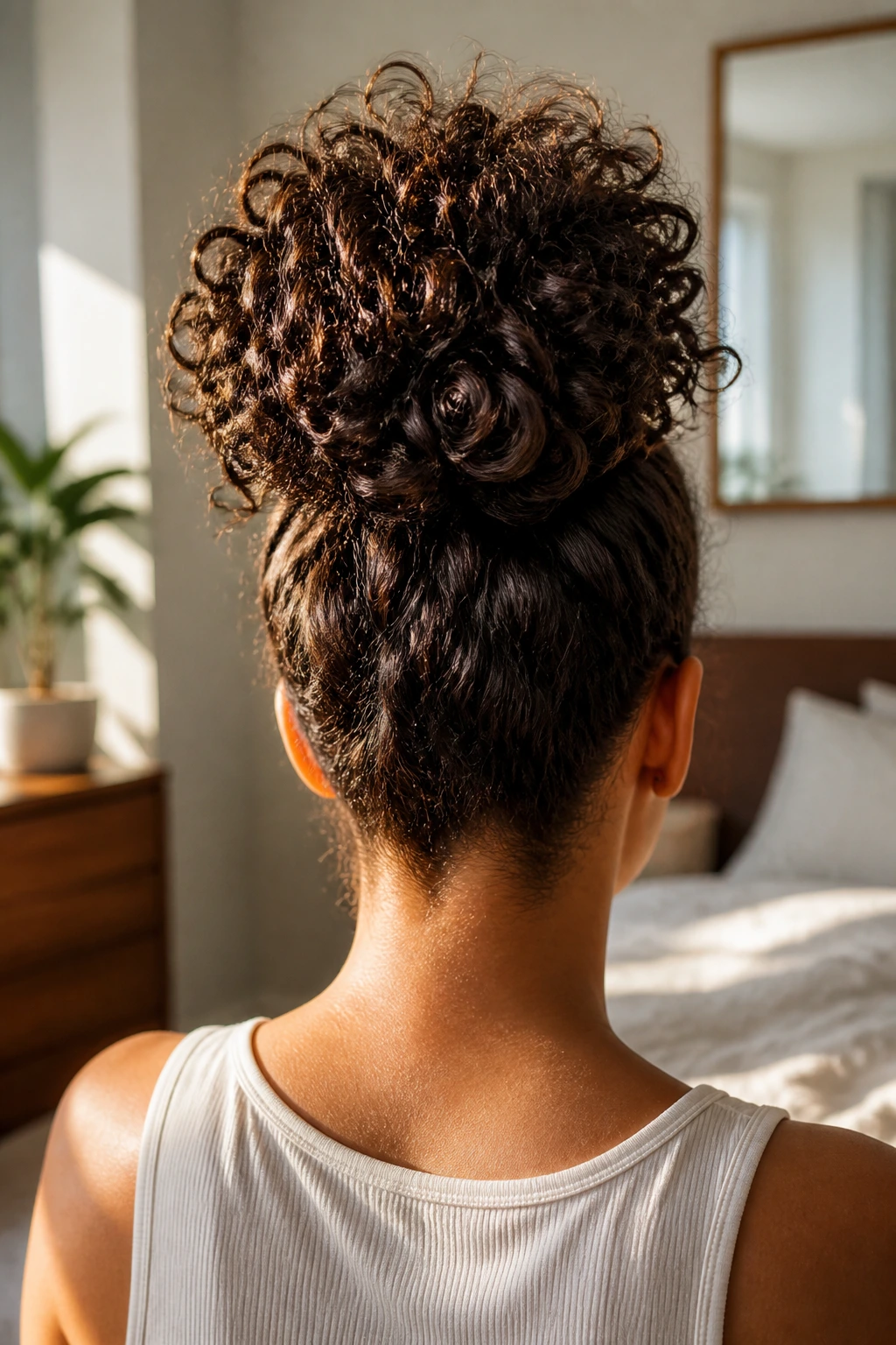 Back-of-head shot of a real person with a high-volume pineapple hairstyle