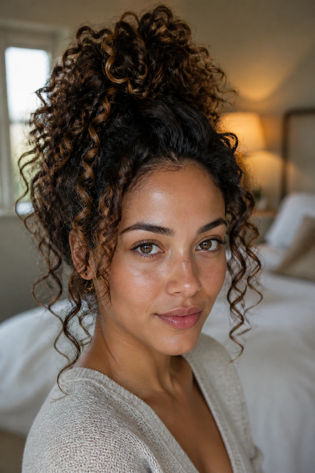 Real woman with a loose pineapple crown hairstyle.