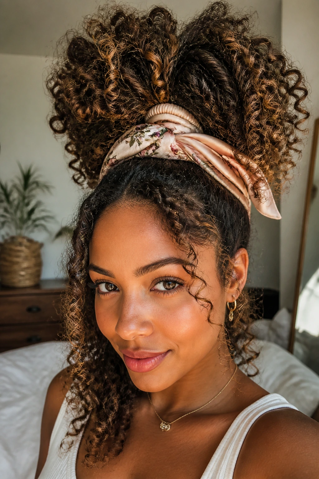 Close-up of a real woman with a high pineapple ponytail and scarf, curls tumbling forward.