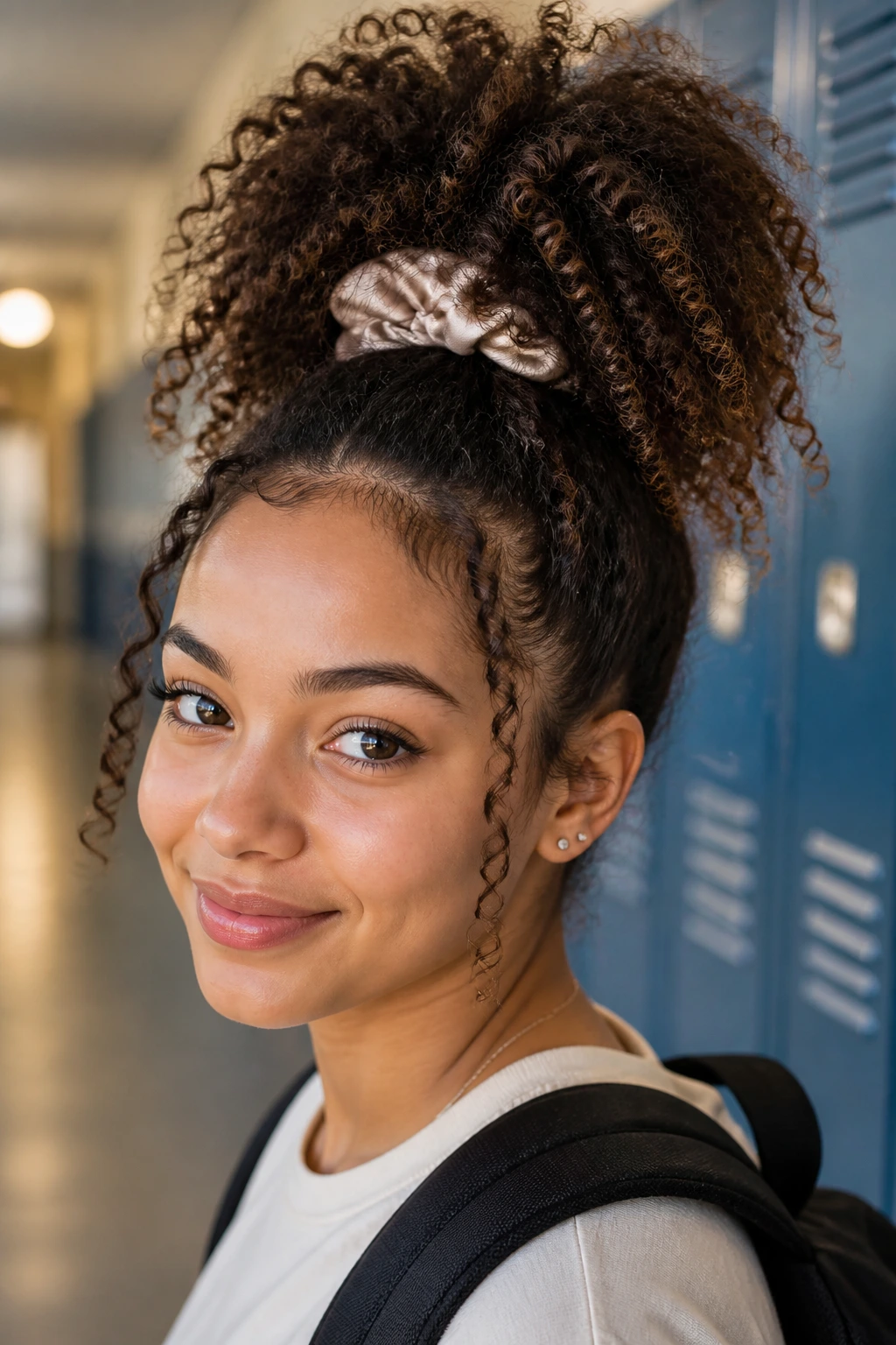 Close-up of a real student with a high pineapple ponytail and silk scrunchie in a classroom.