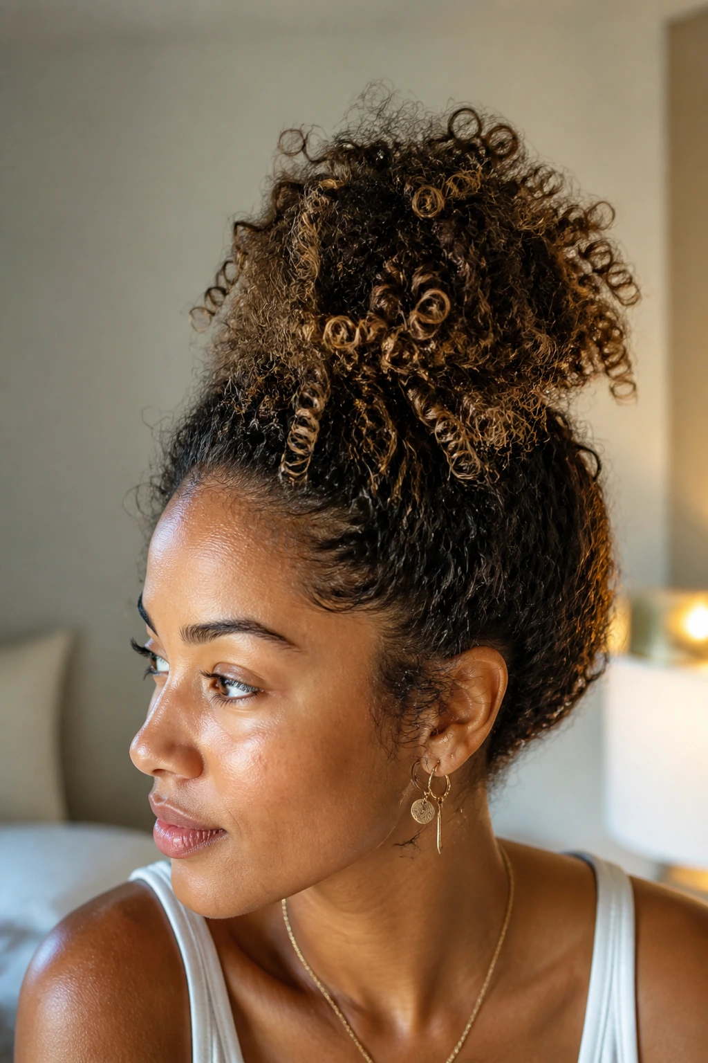 Close-up of a real woman with a glossy high pineapple bun and argan oil shine