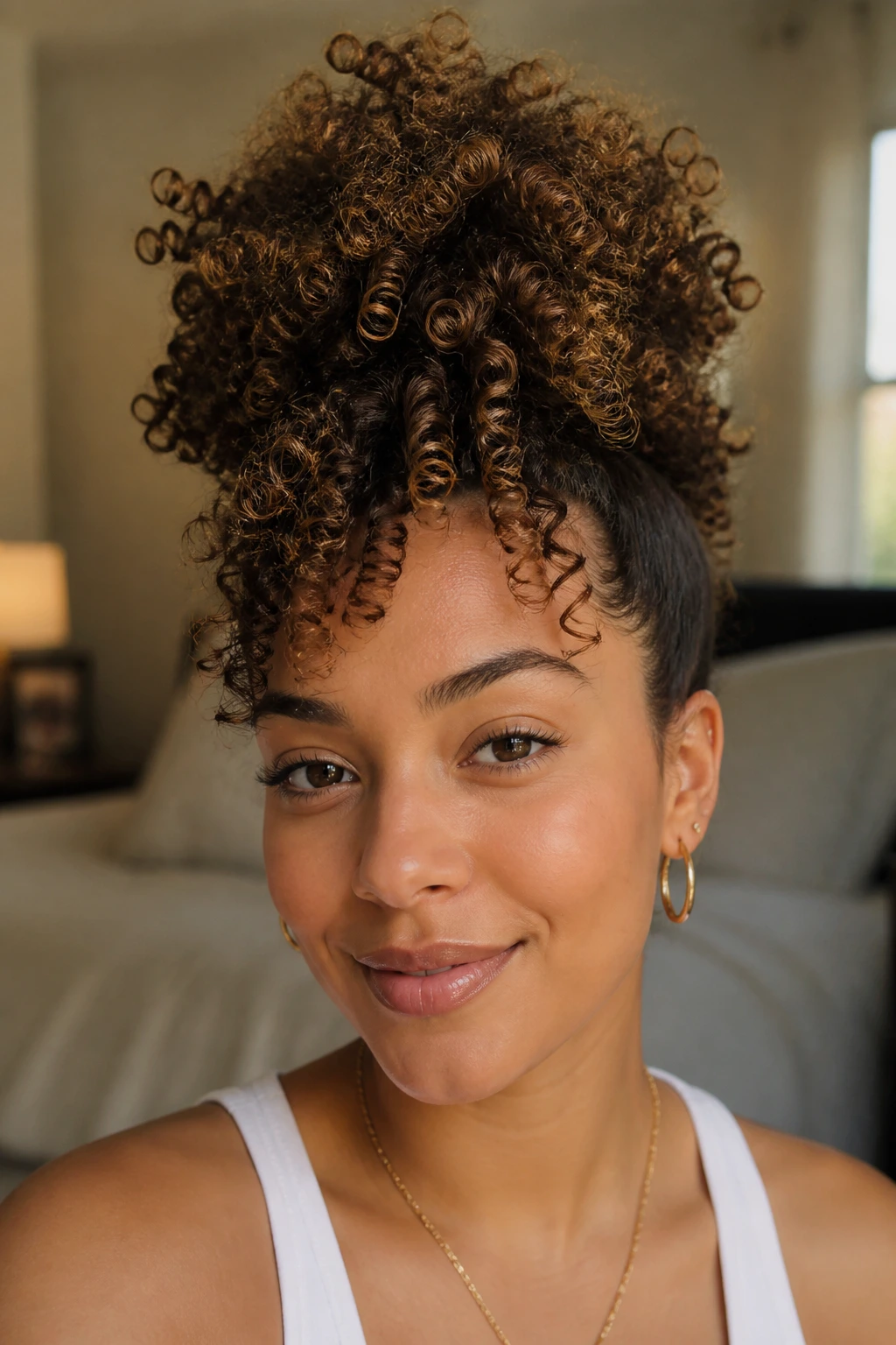 Close-up of a real woman with a sculptural high pineapple hairstyle