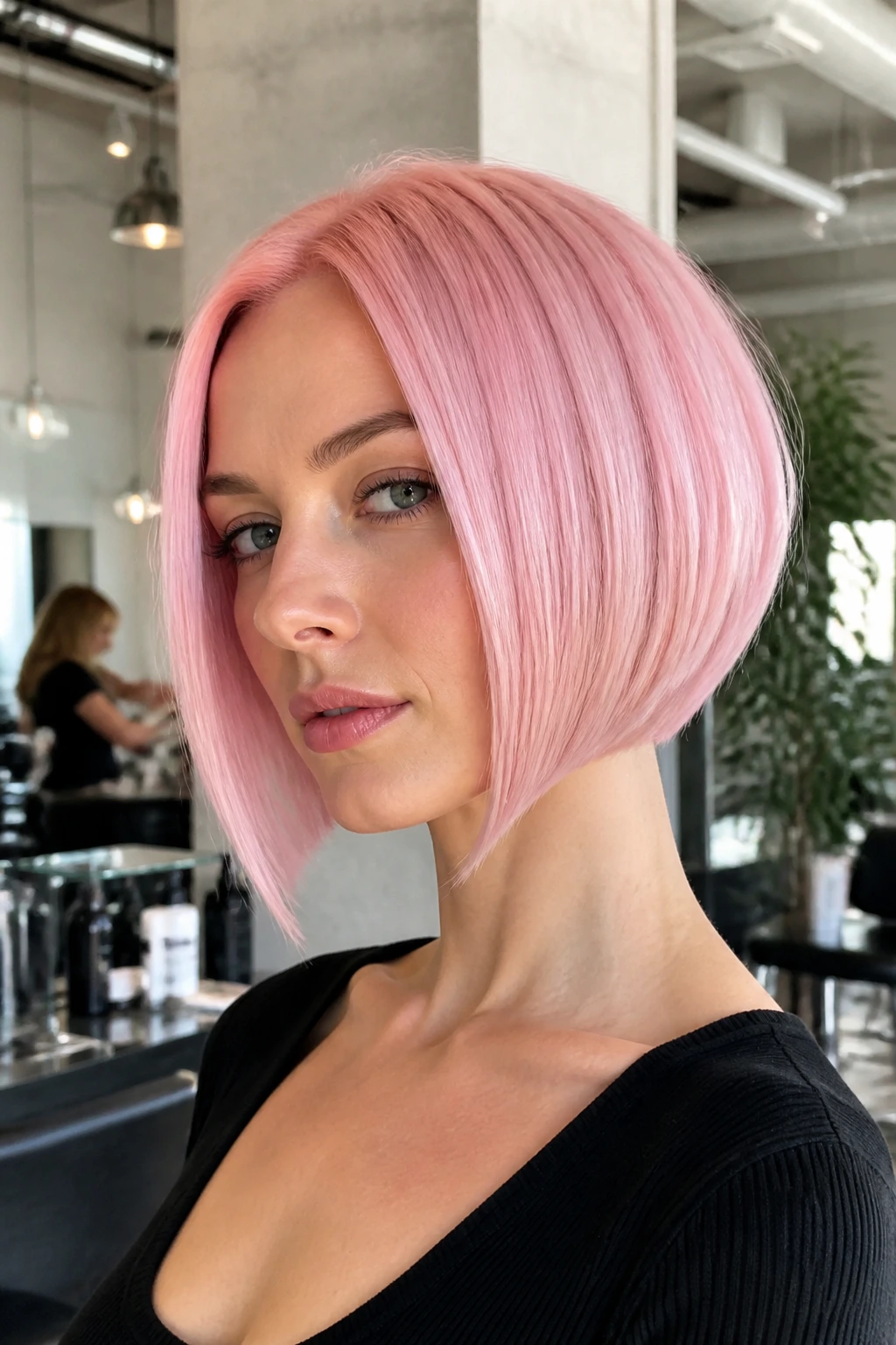 Close-up of a real woman with pink A-line bob hairstyle