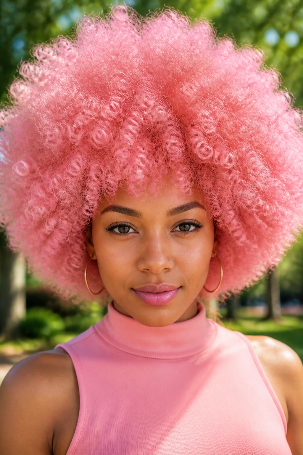 Close-up of real woman with a pink afro hairstyle
