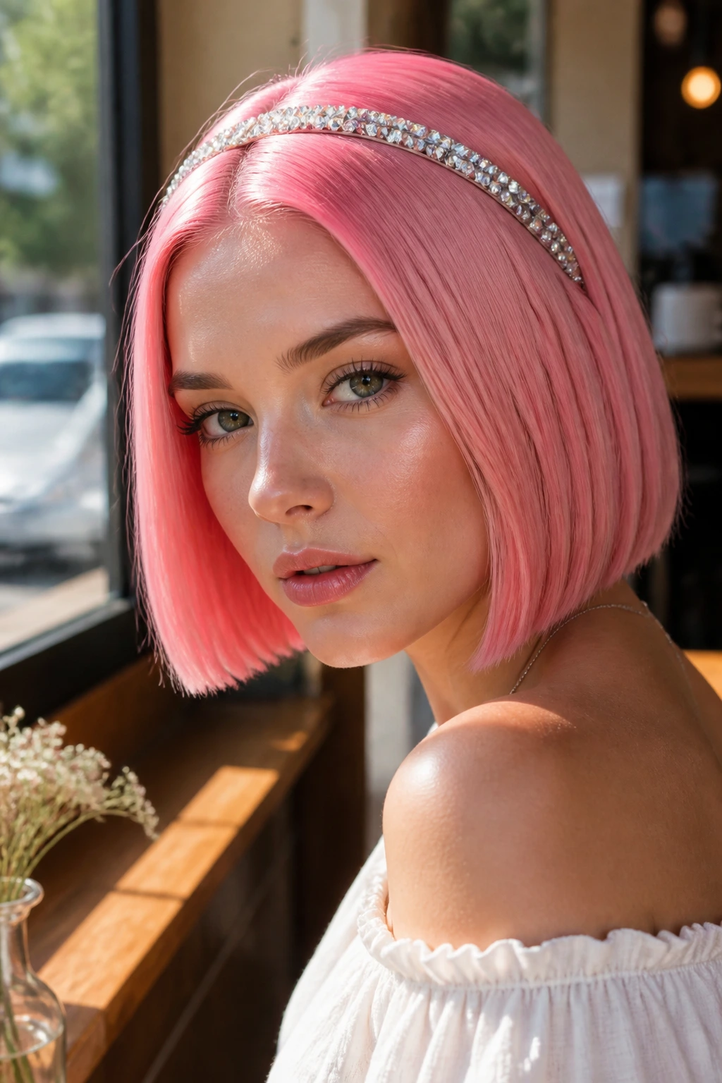 Close-up of a real woman with bubblegum pink blunt bob and crystal headband