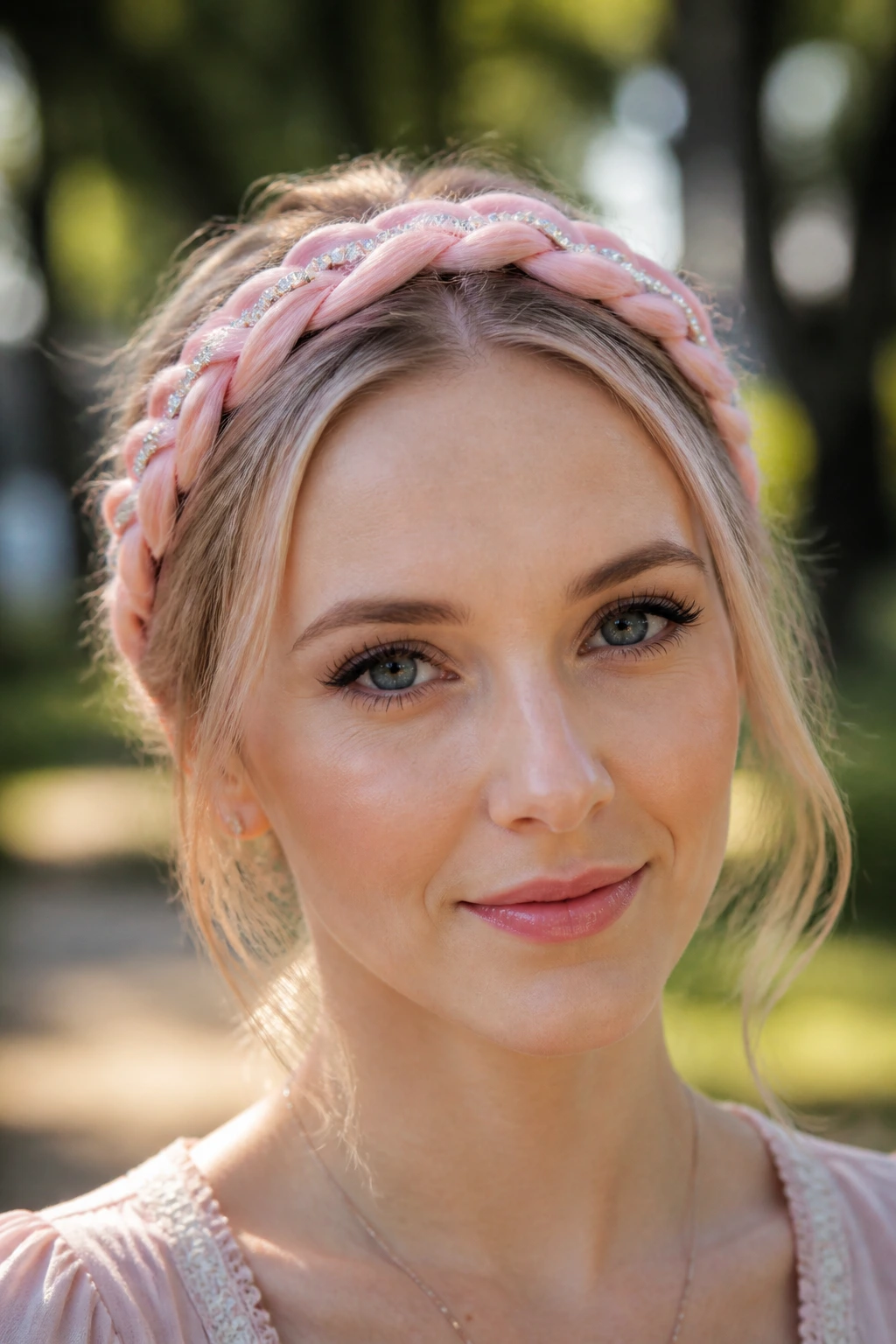 Close-up of soft pink braided headband with rhinestone chain on a real woman