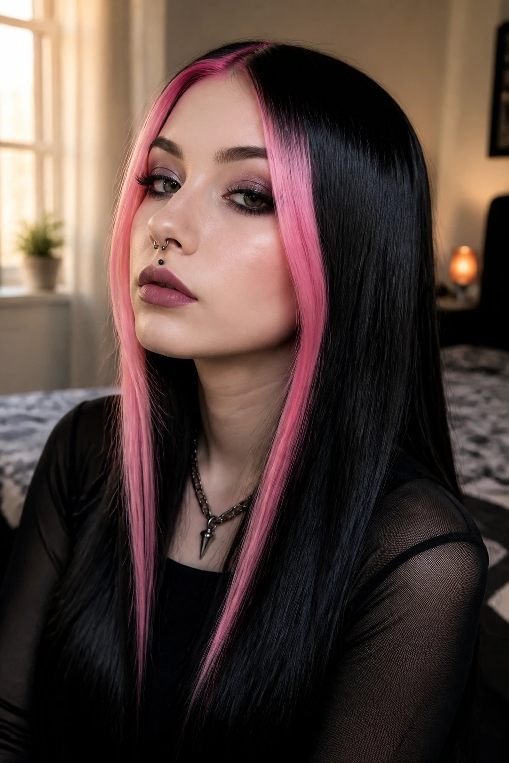 Portrait of a woman with long sleek hair and pink face-framing chunks
