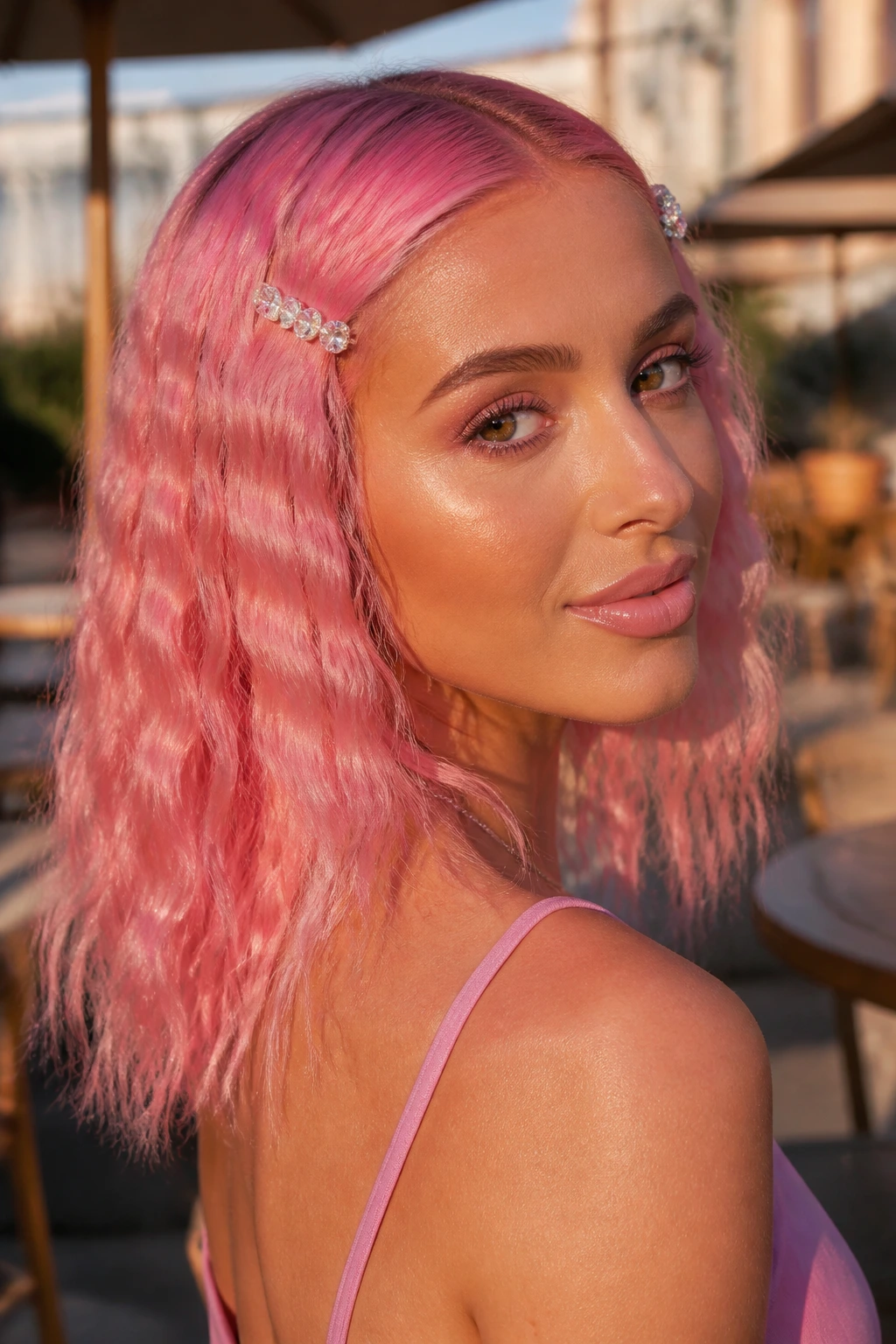 Close-up of a real woman with pink crimped waves and crystal clips