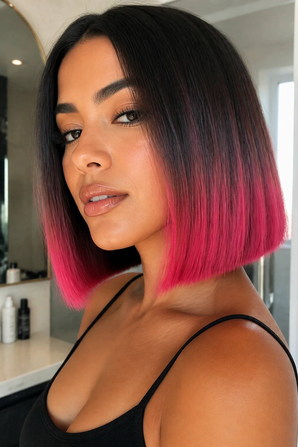 Close-up of blunt bob with dark pink ends
