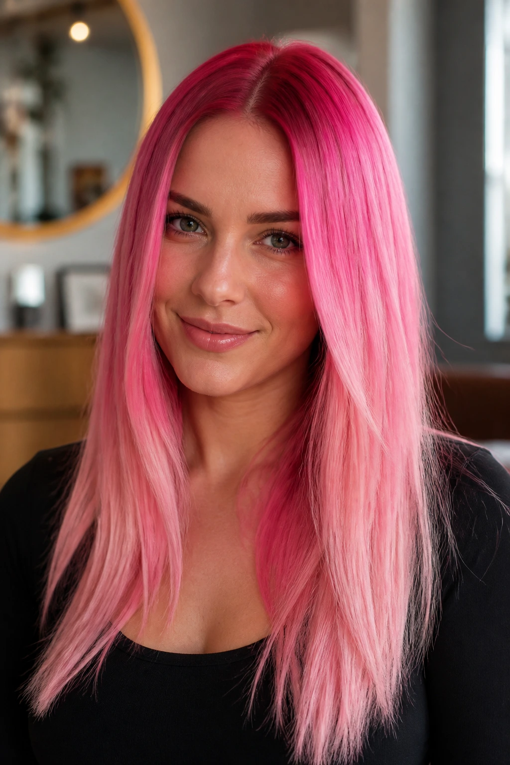 Portrait of a real woman with a pink gradient from deep root to pale tip.