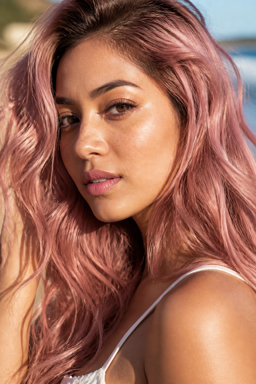 Close-up of pink hair styled in beach waves in sunlit setting