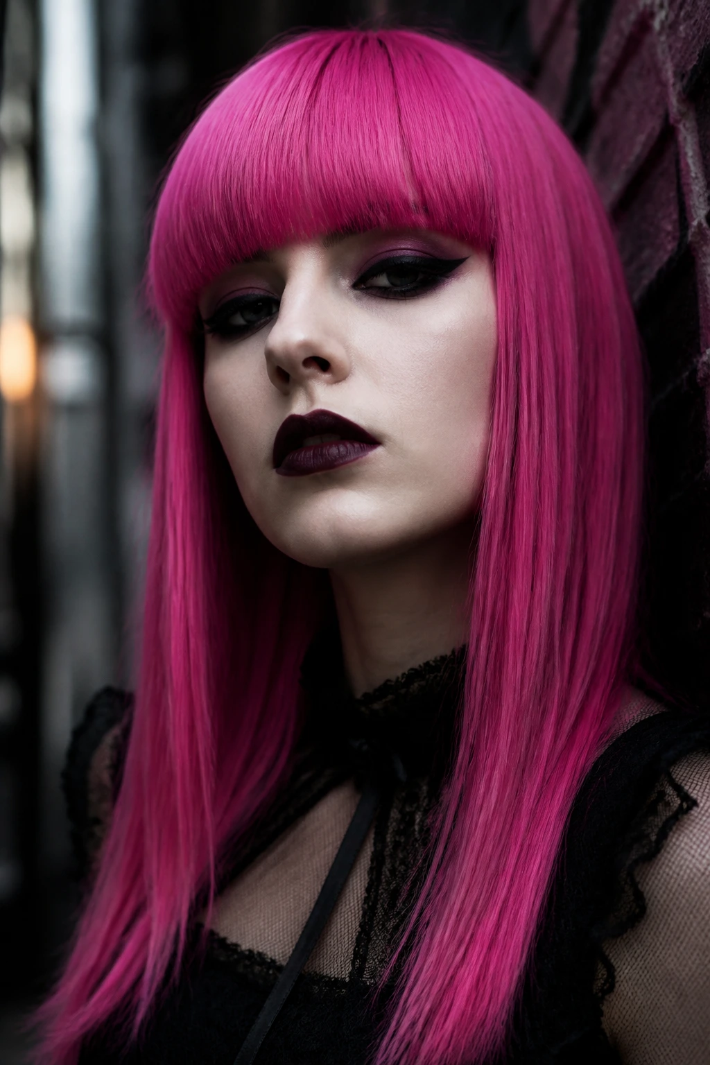 Portrait with heavy blunt fringe on pink hair
