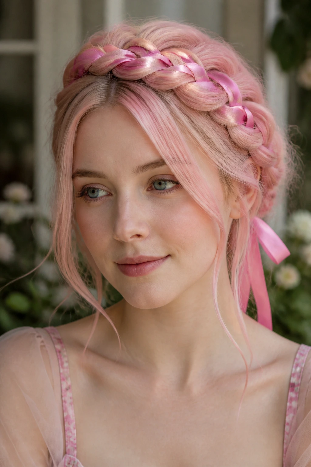 Close-up portrait of a person with braided crown and pink ribbons in pink hair
