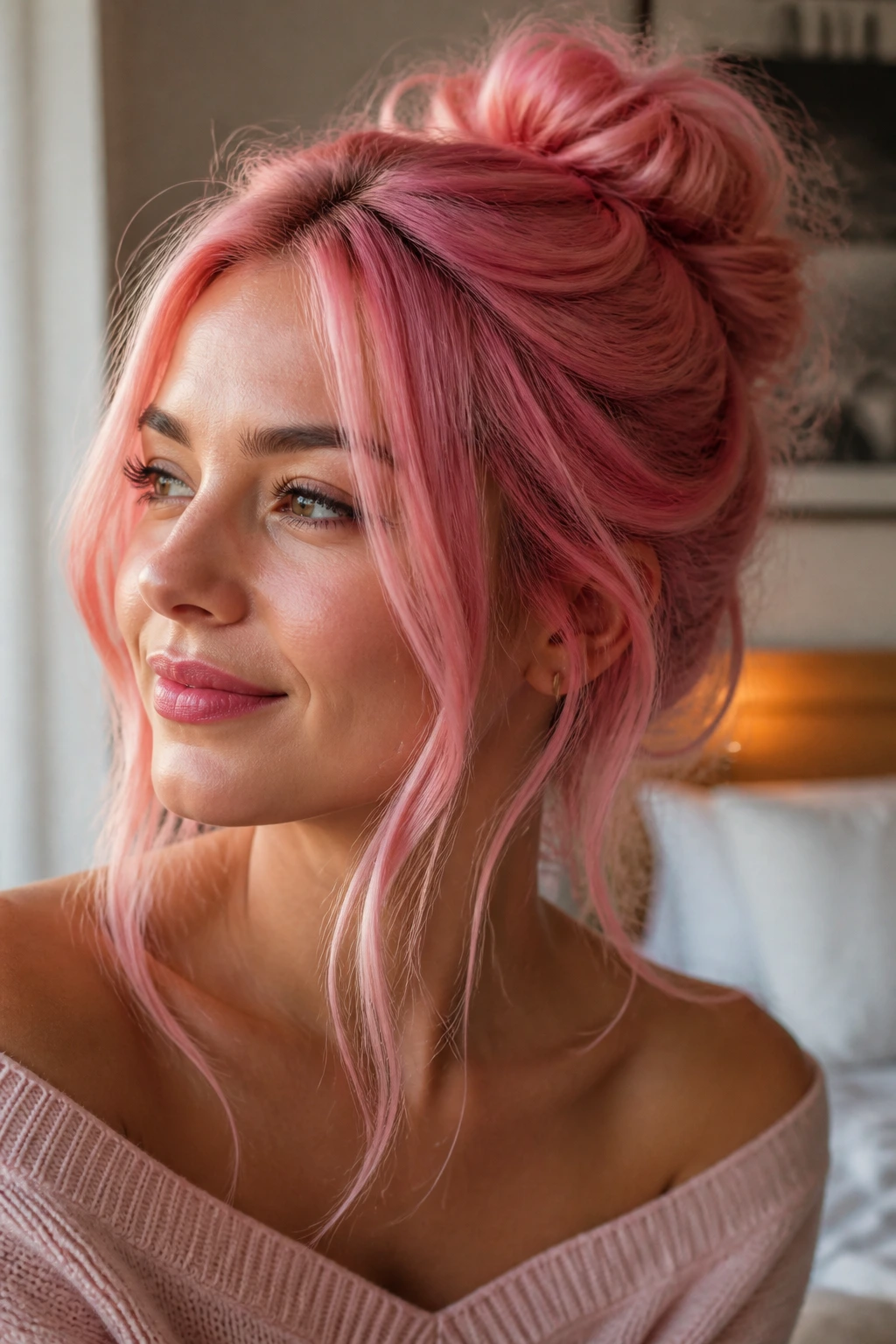 Close-up portrait of a real person with a textured messy bun and face-framing pink pieces