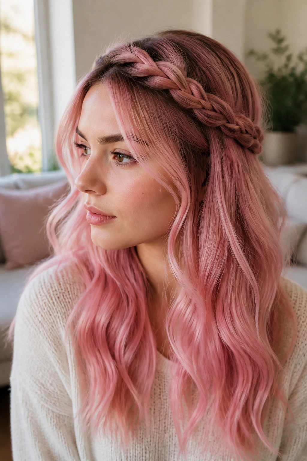 Close-up of a real woman with two small crown braids meeting at the back, pink hair framing the face.