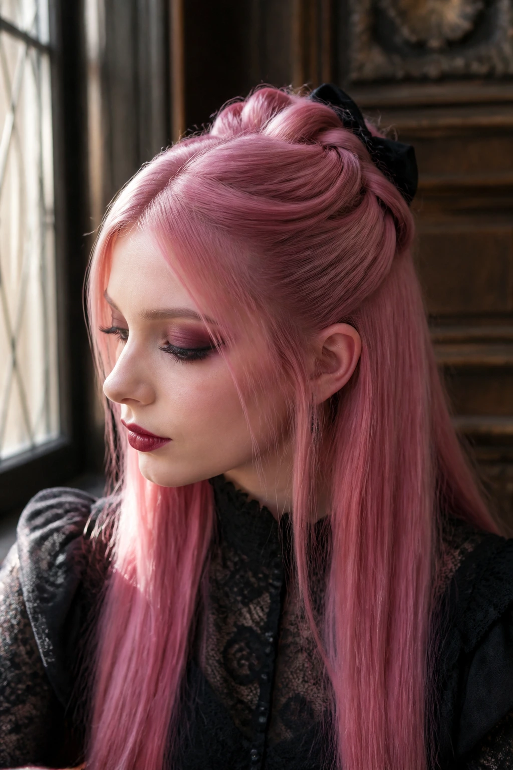Close-up portrait of a real woman with pink hair in a Victorian half-up crown