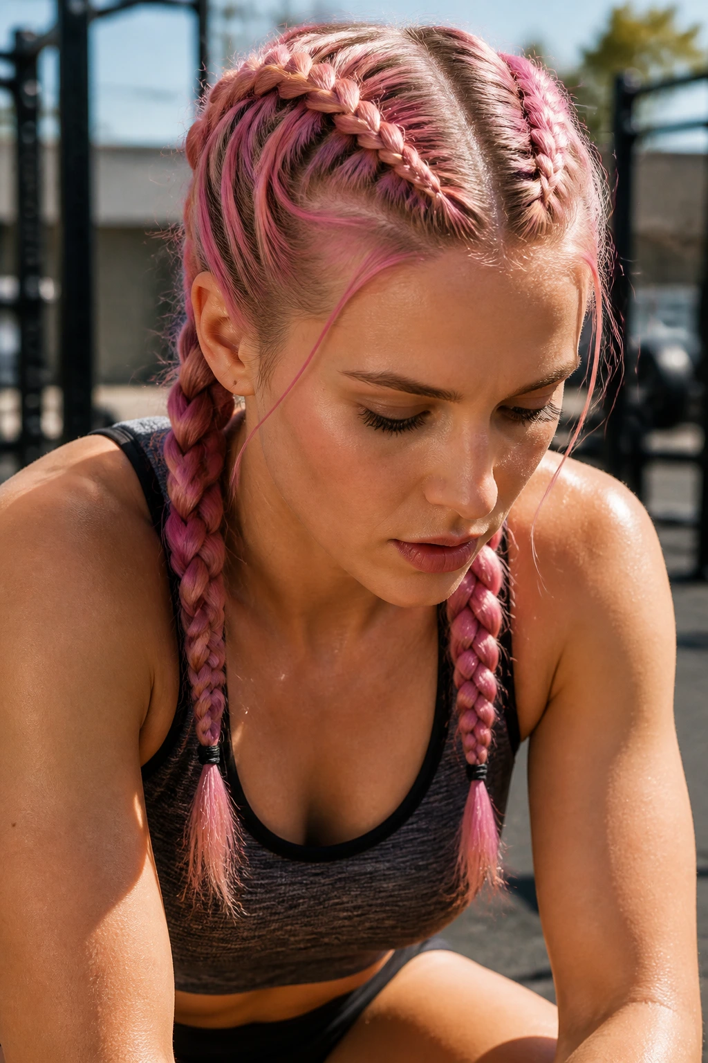 Close-up of a real woman with double Dutch braids on pink hair in an outdoor gym setting.