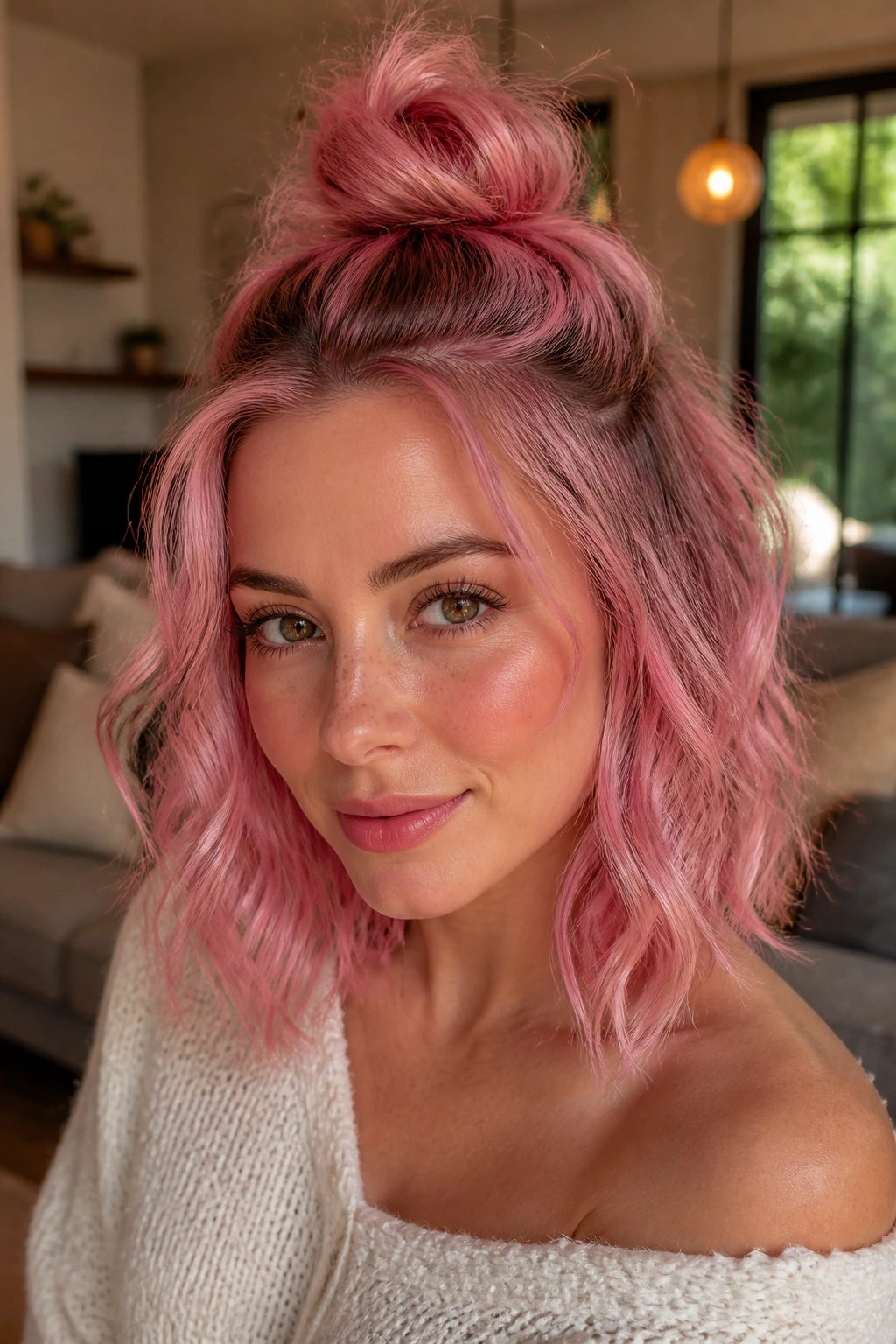 Close-up portrait of a person wearing a half-up top knot with soft curls in pink hair
