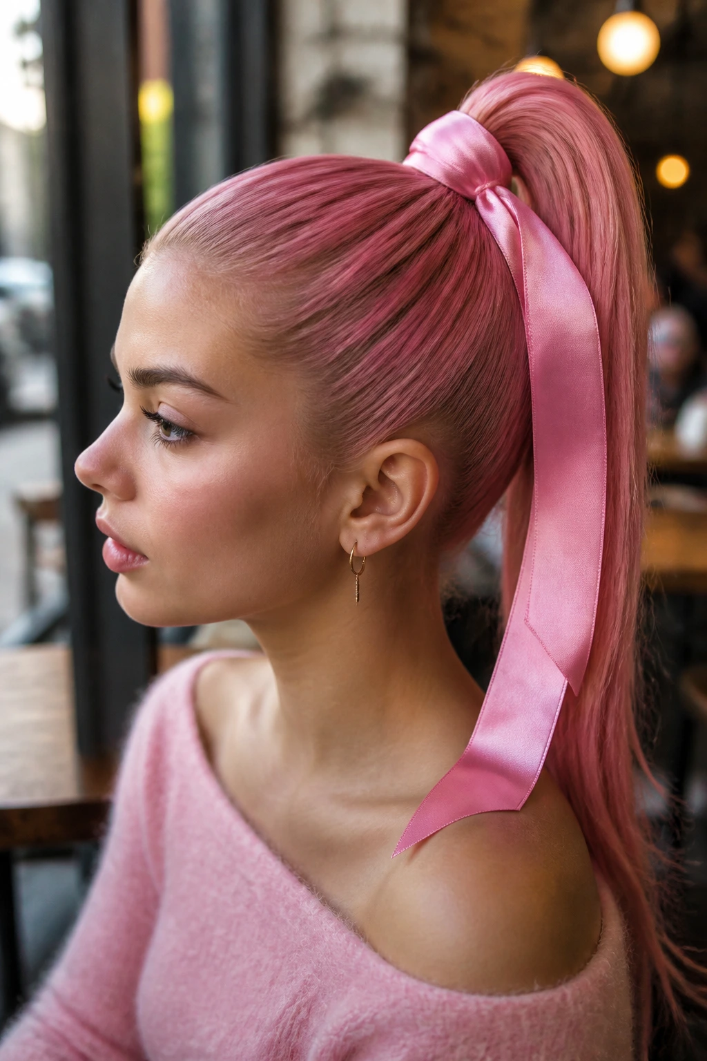Close-up portrait of a person with a sleek high pony and silk ribbon in pink hair