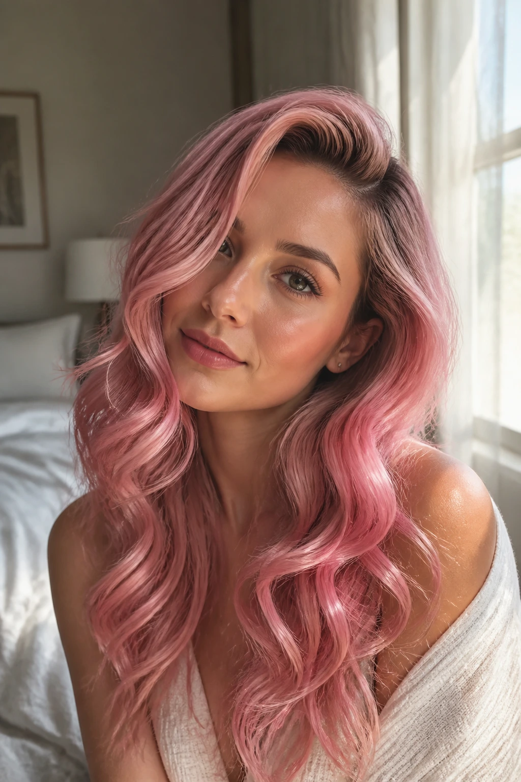 Close-up portrait of a person with romantic loose waves and a side part in pink hair