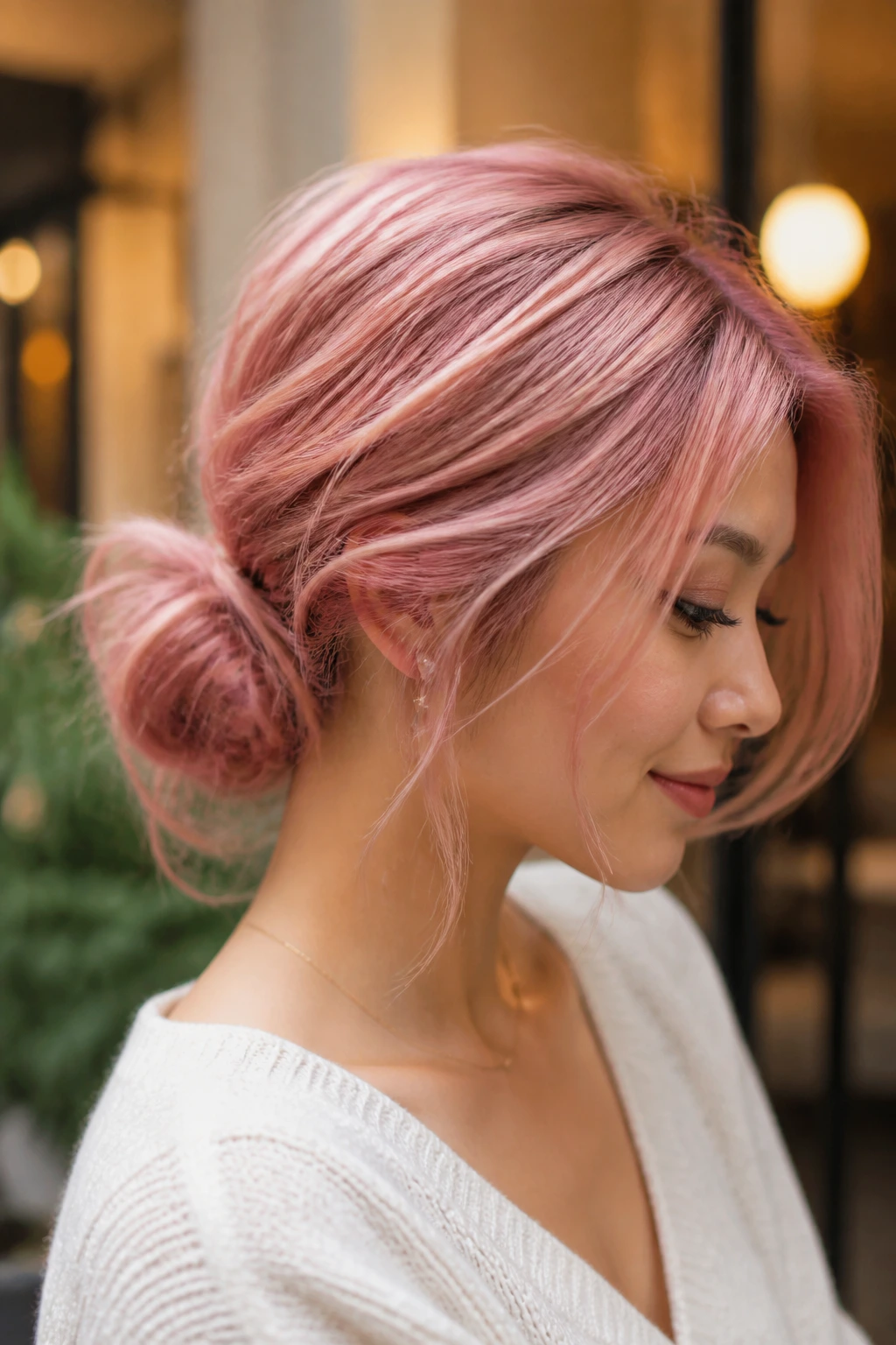 Close-up portrait of a person with a low messy chignon at the nape in pink hair