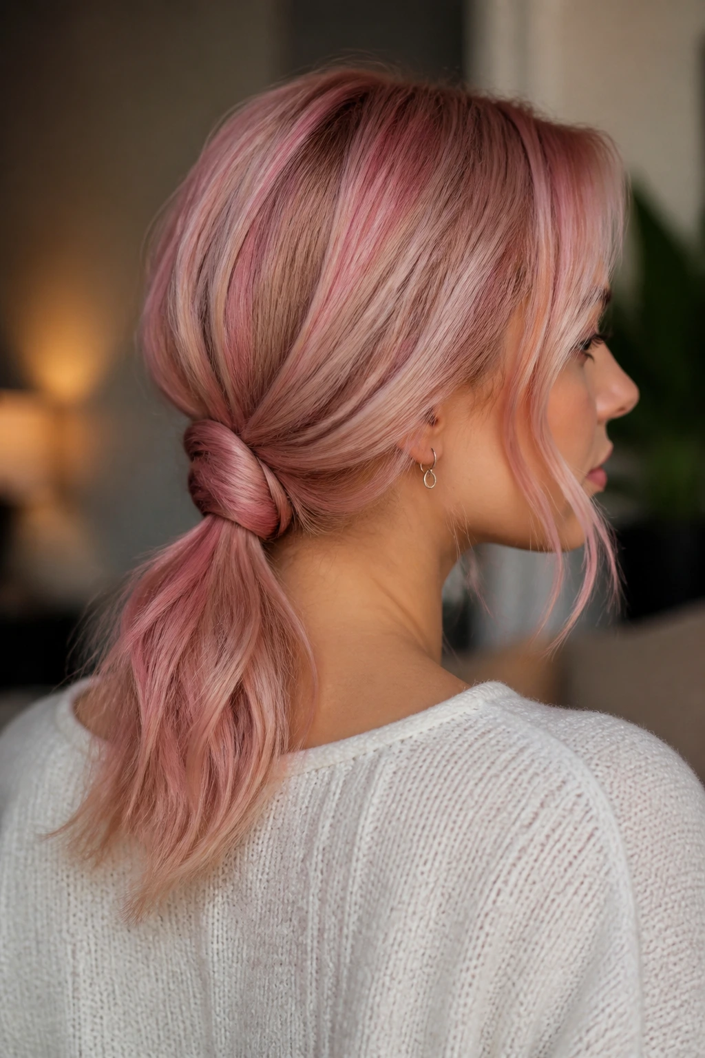 Close-up of a real woman with a low pony and tuck at the nape.