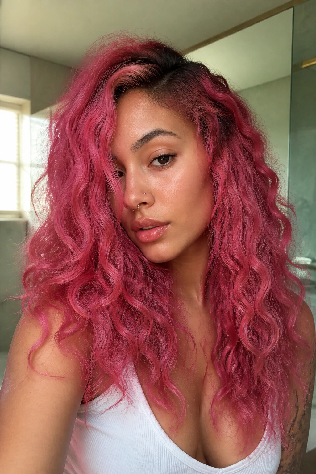 Close-up portrait of a real person with vibrant pink hair looking calm