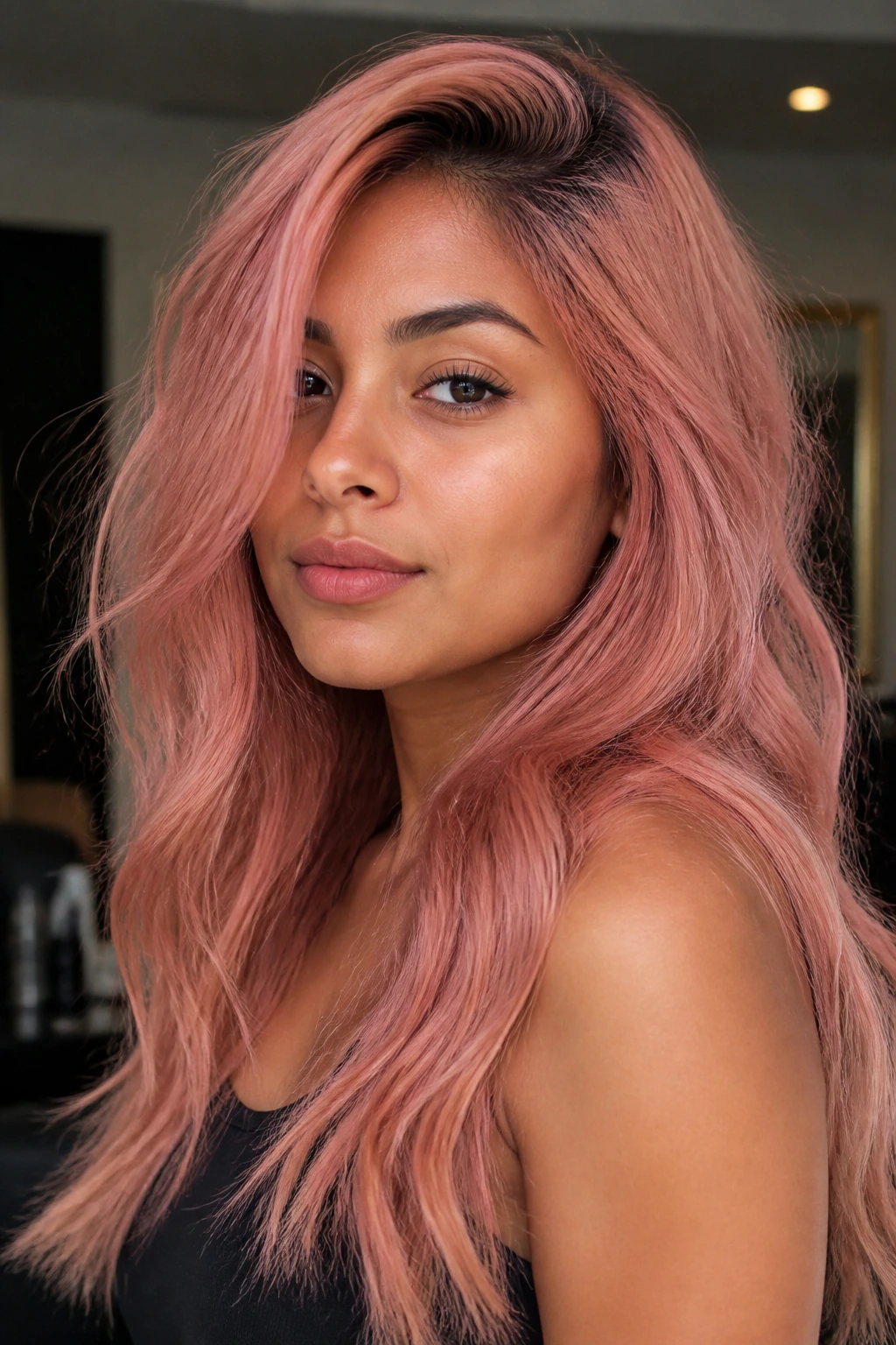 Close-up portrait showing nude pink hair on olive skin
