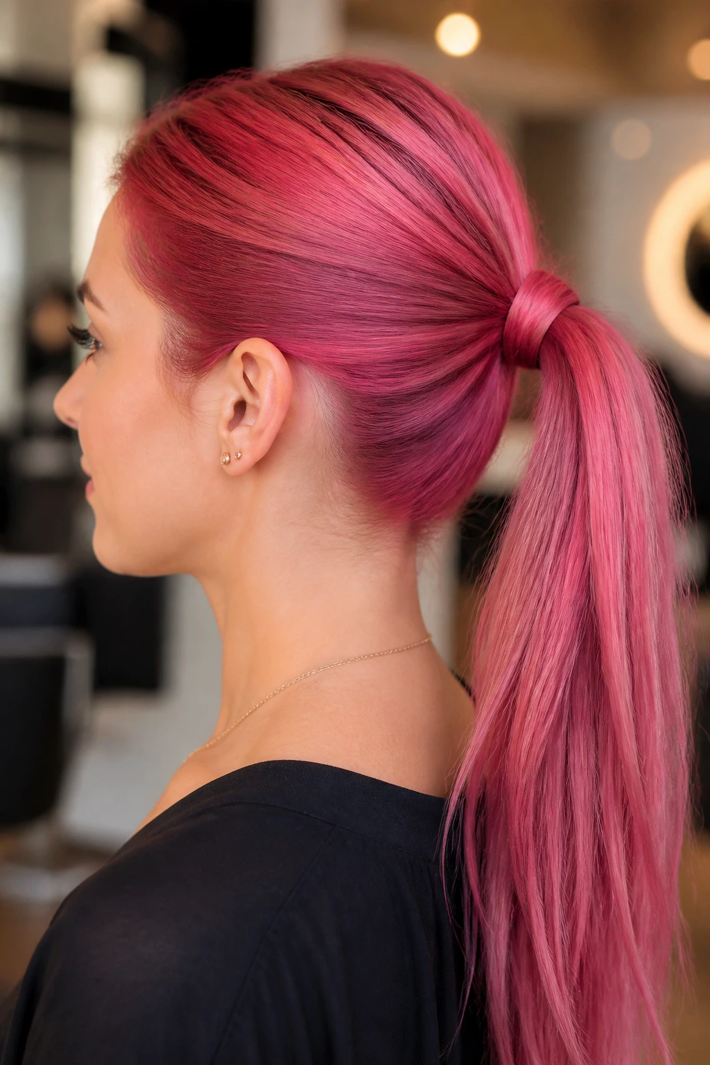 Close-up of a real woman showing a wrapped ponytail with hidden base on pink hair in a salon.
