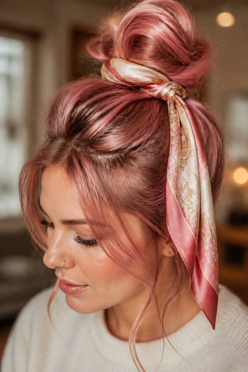 Close-up of a real woman with a scarf-wrapped messy top knot in pink hair.