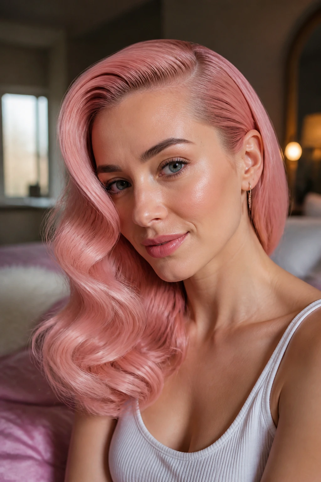 Close-up portrait of a real woman with a deep side part and glossy pink waves in a cozy bedroom.