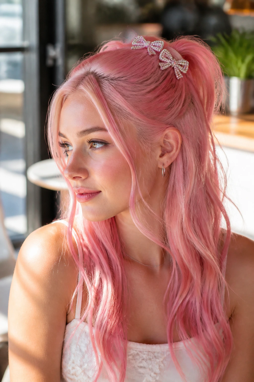 Portrait of bubblegum pink half-up hairstyle with rhinestone bows