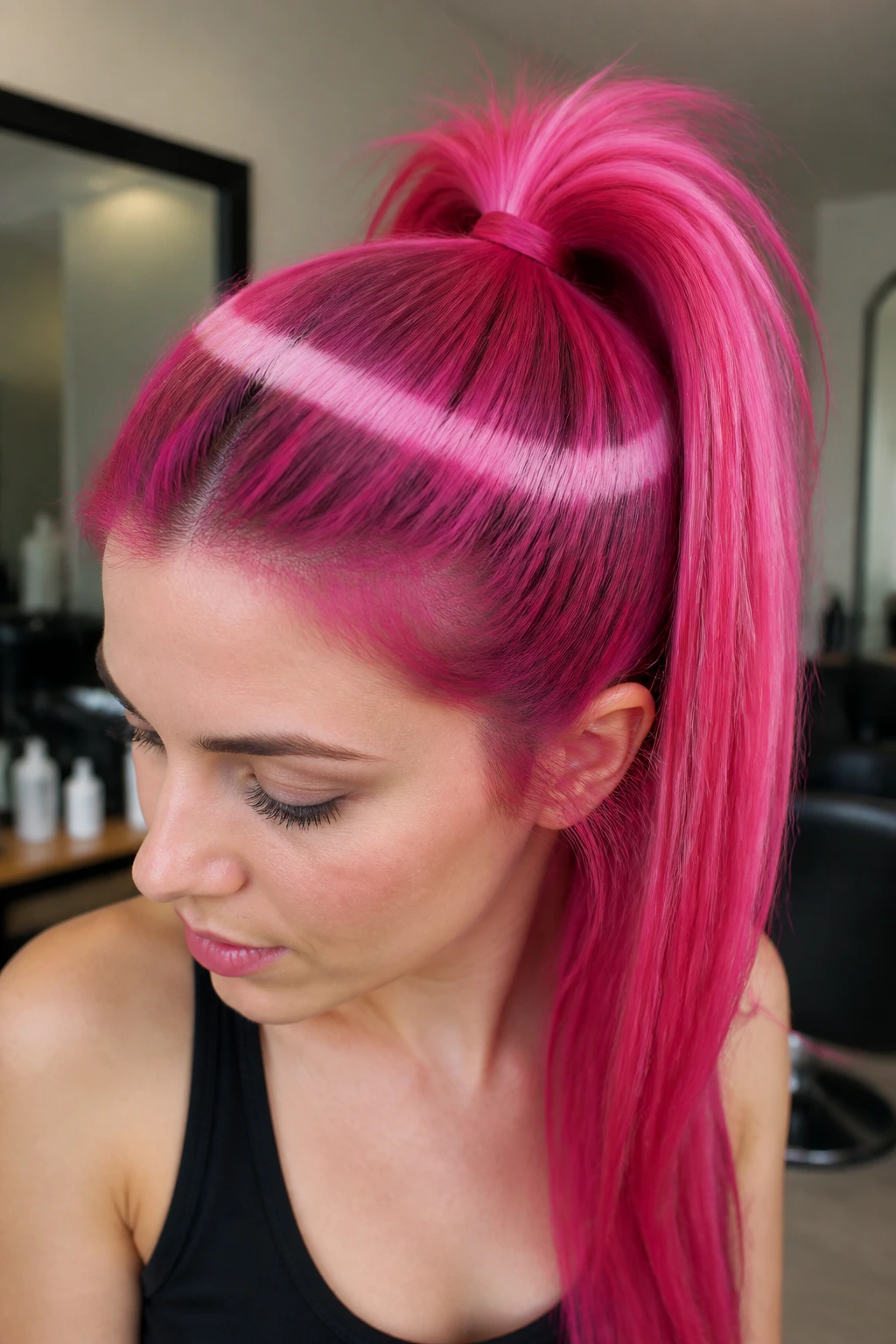 Portrait of a woman with a circular pink halo highlight around the crown revealed by a high ponytail.