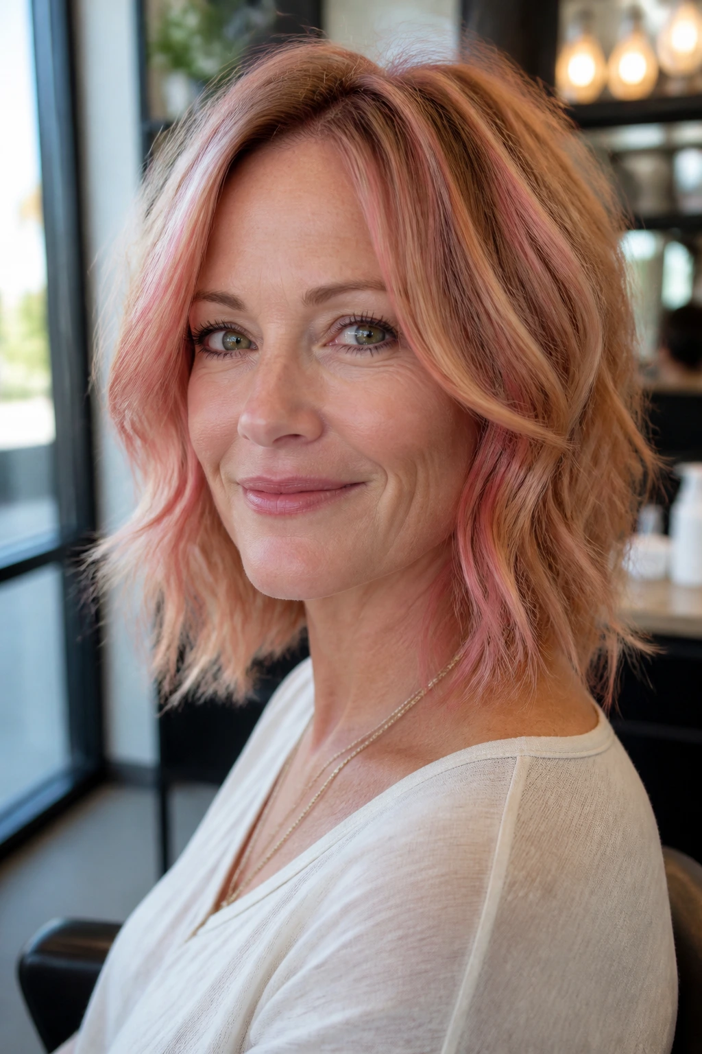 Close-up of a real woman with strawberry-pink highlights in ginger-blonde hair lit by warm window light