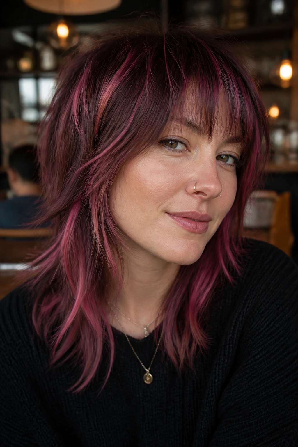 Portrait of a real person with textured shag and pink highlights