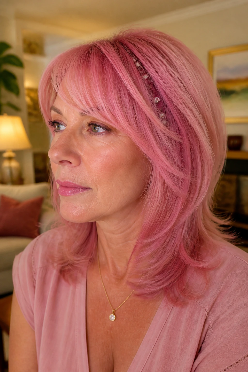 Pink layered hair with hidden crystal clips peeking from under the top layer