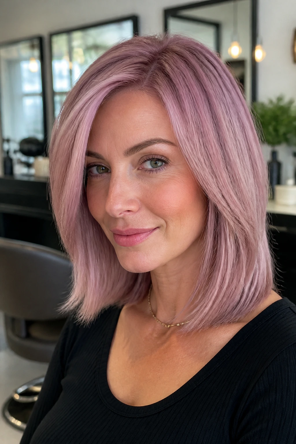 Portrait of a real woman with pink lob haircut featuring internal layers