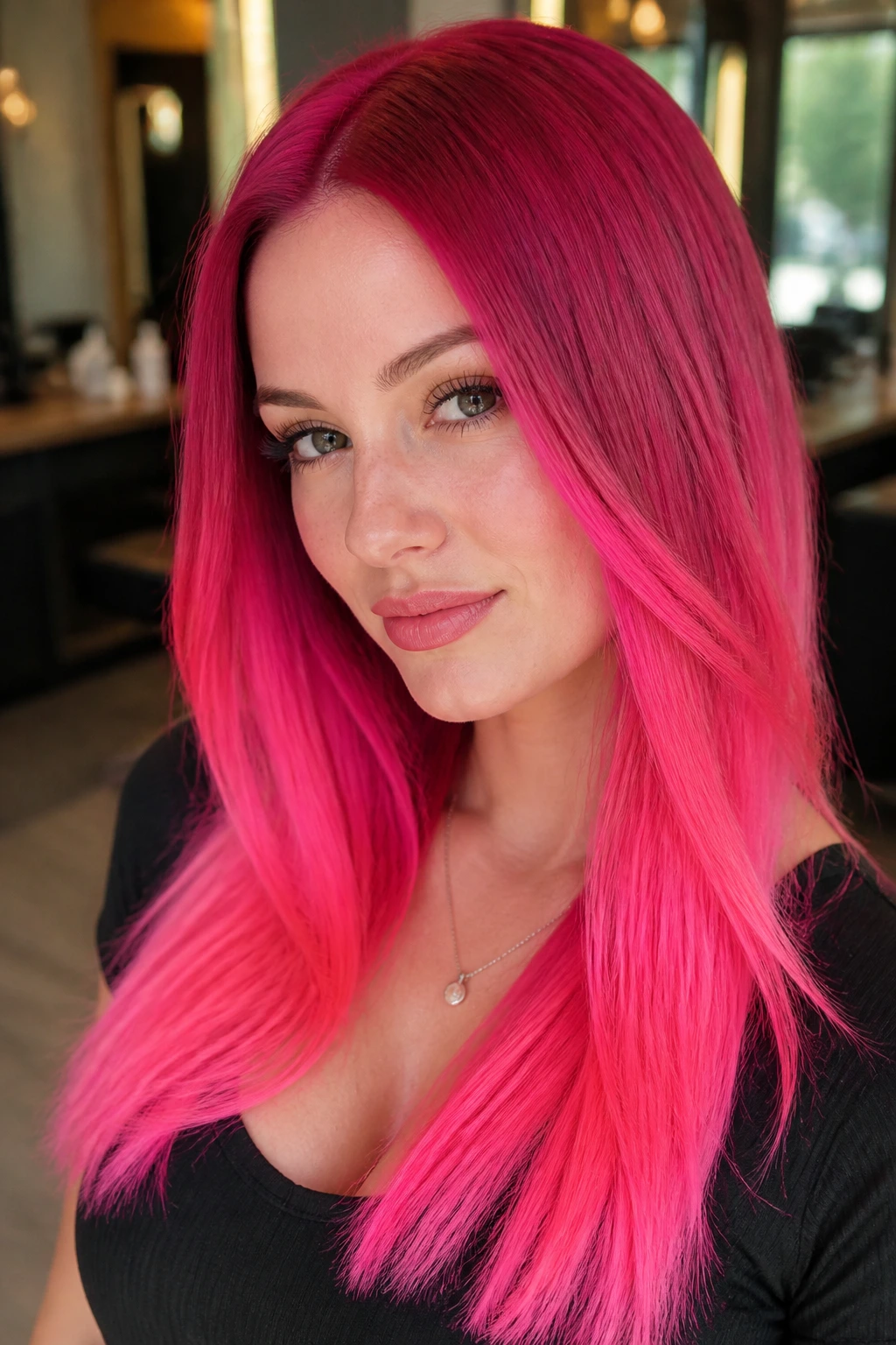 Close-up of real person with pink color melt from magenta roots to neon pink tips