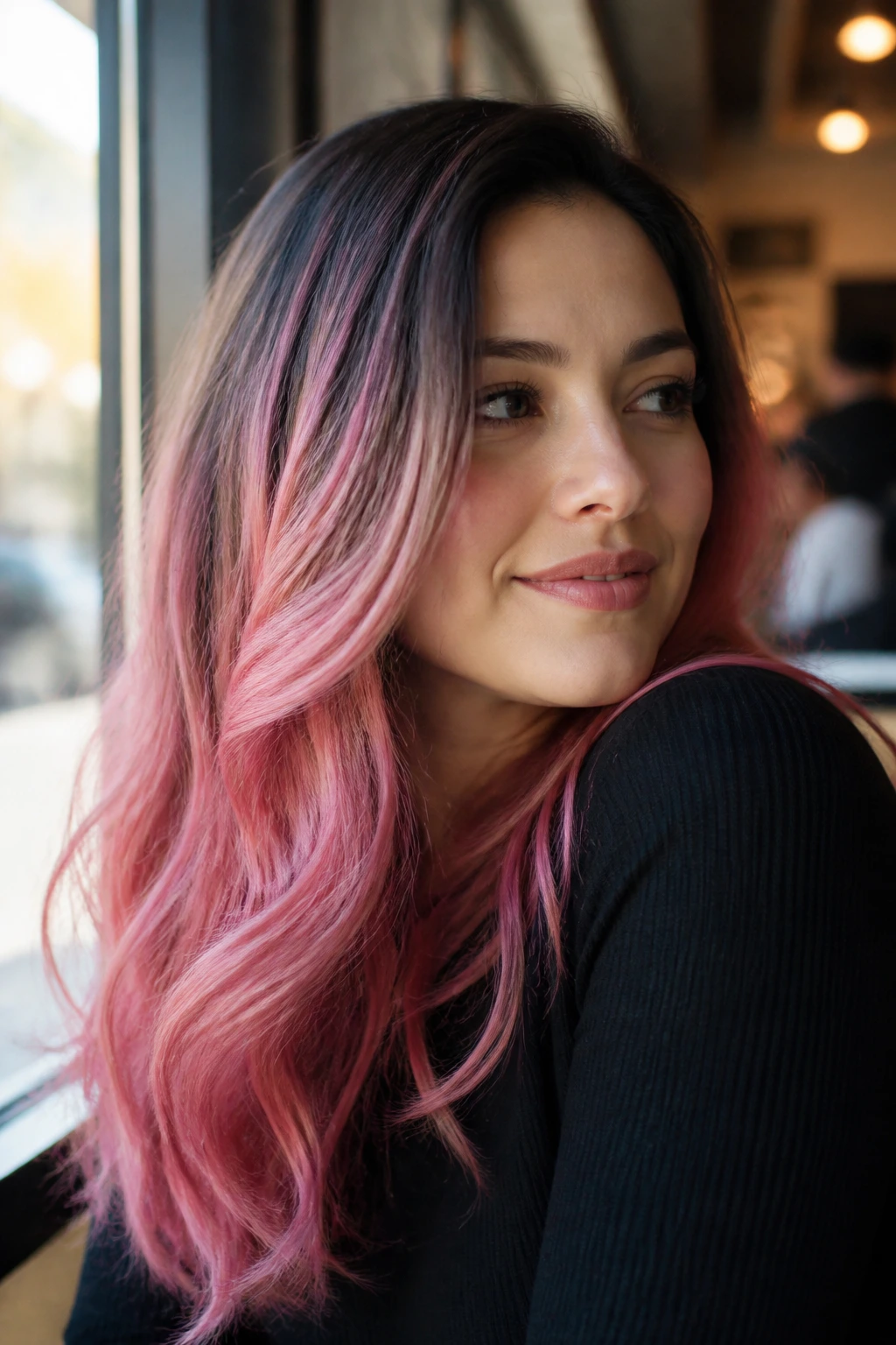 Close-up of a real woman with dark roots fading into pink ombré hair
