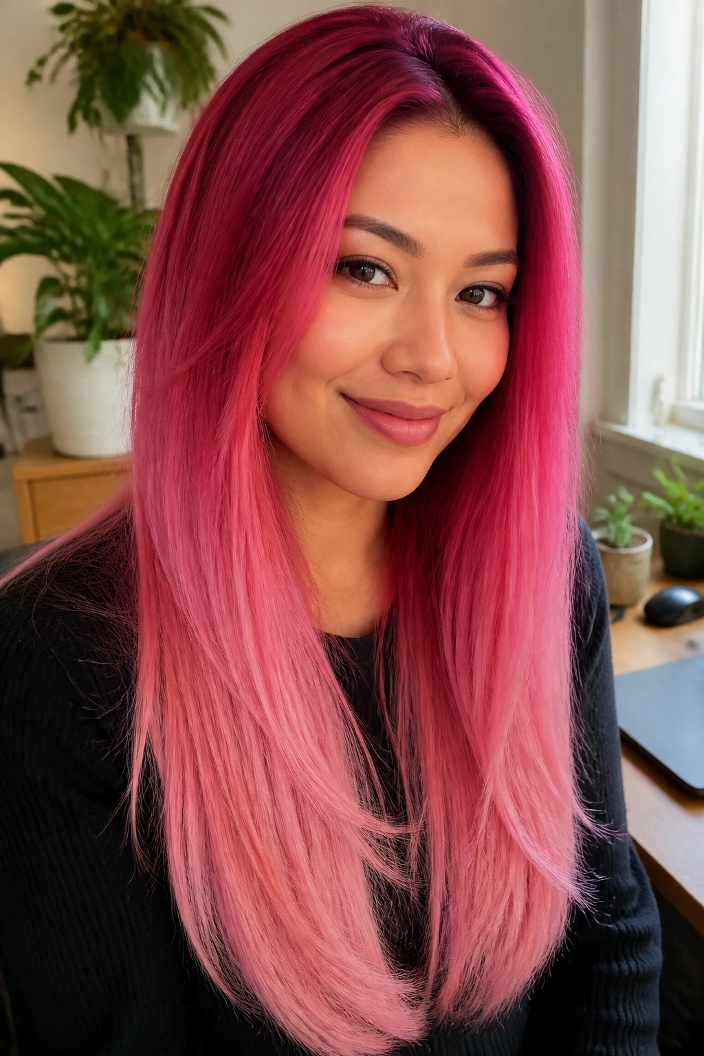 Portrait of long straight hair with pink ombré gradient