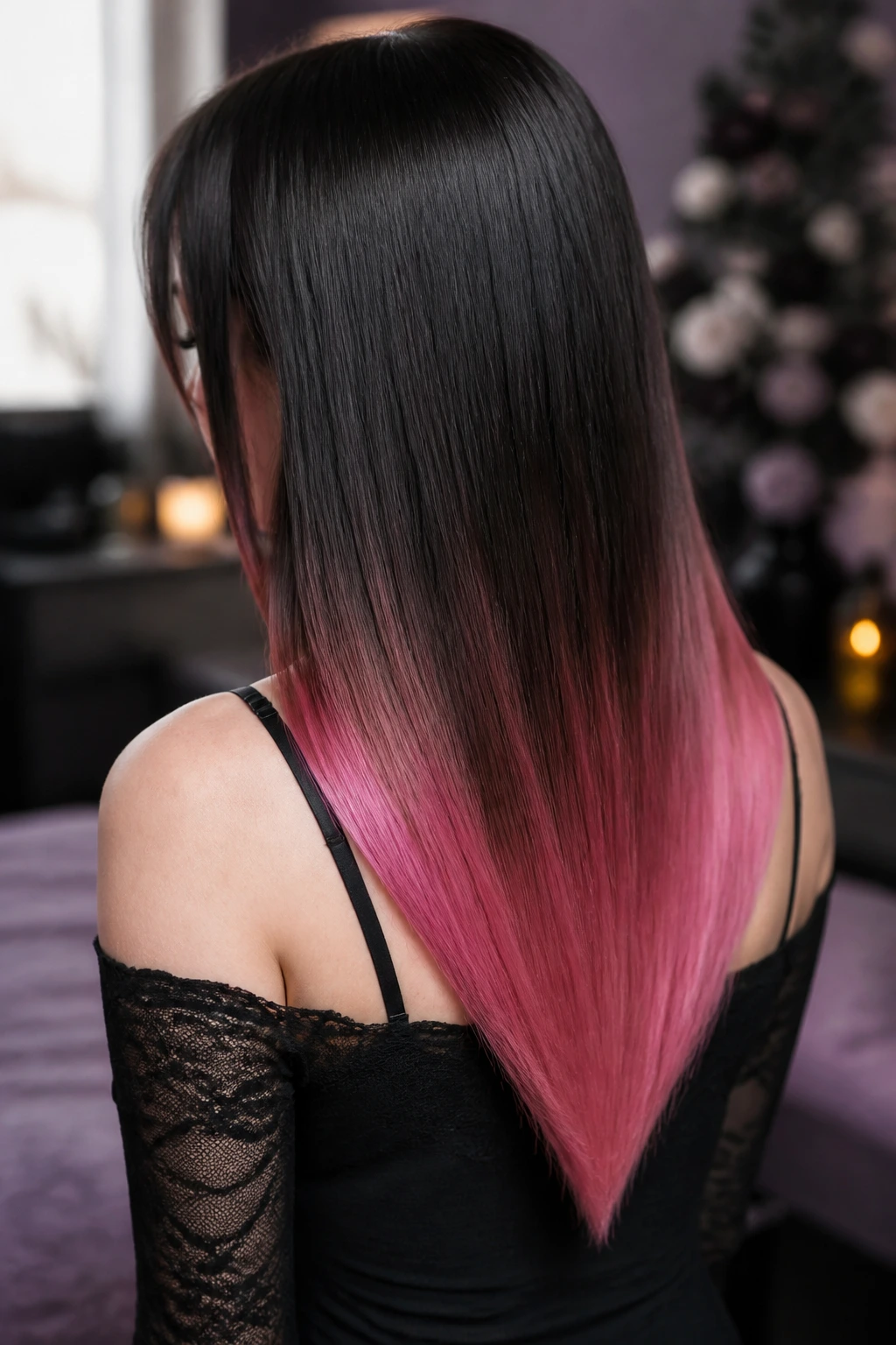 Back view of pink ombré V-cut hairstyle on a real person