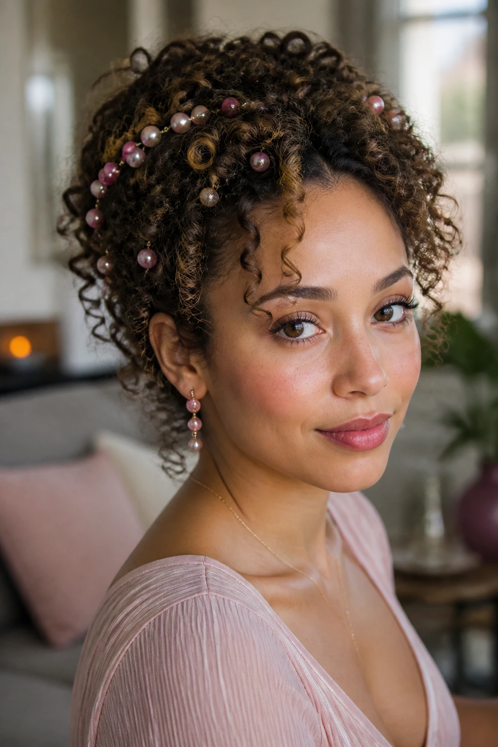 Close-up of a real woman with mixed pink pearl accents in her curly hair.