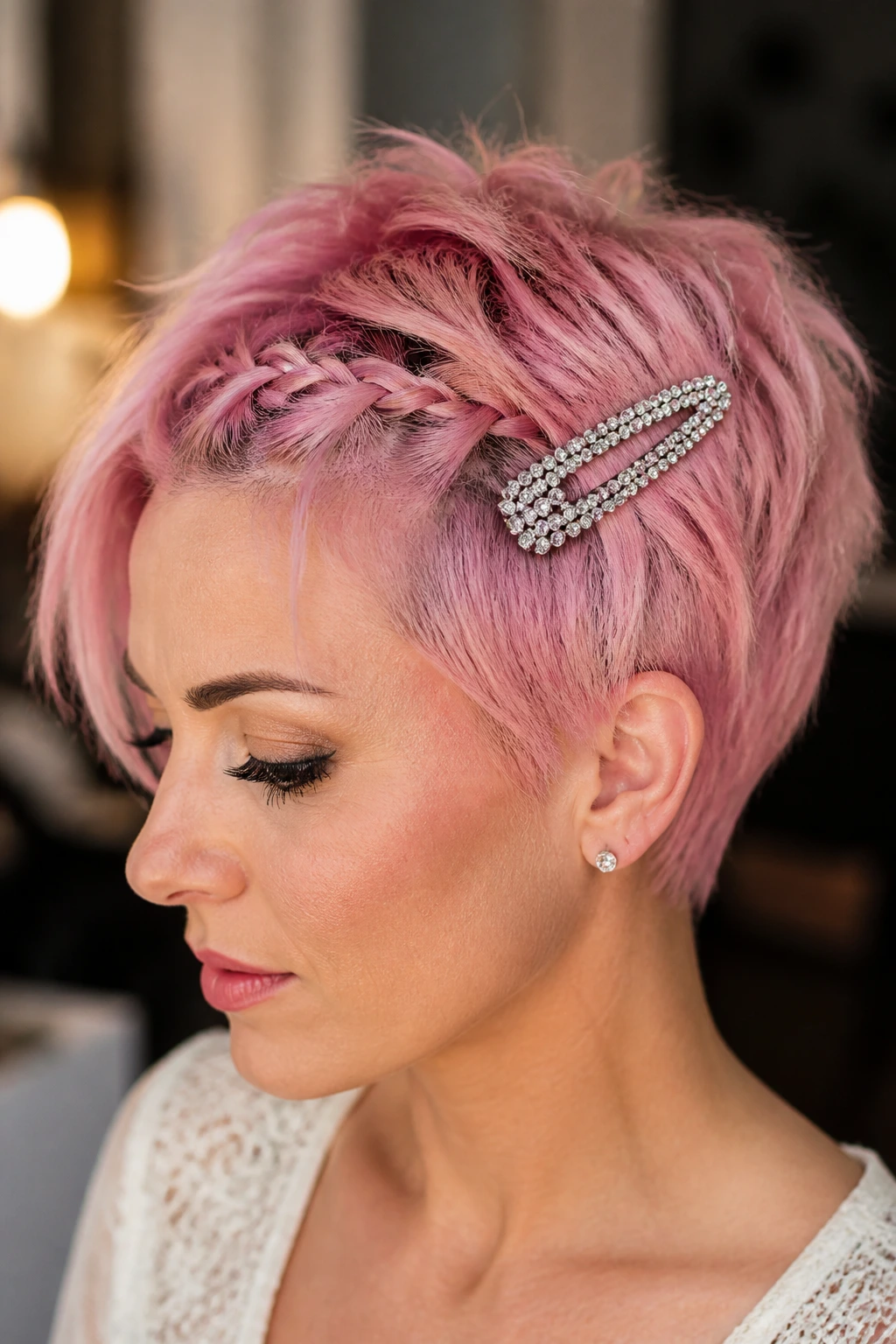 Close-up of a real woman with a pink textured pixie and a large crystal barrette.