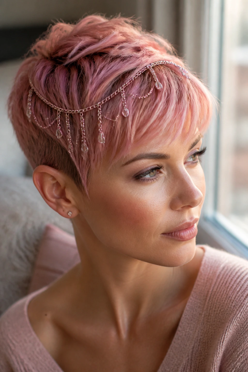 Close-up of a real woman with pink ombré pixie and jeweled hair chain