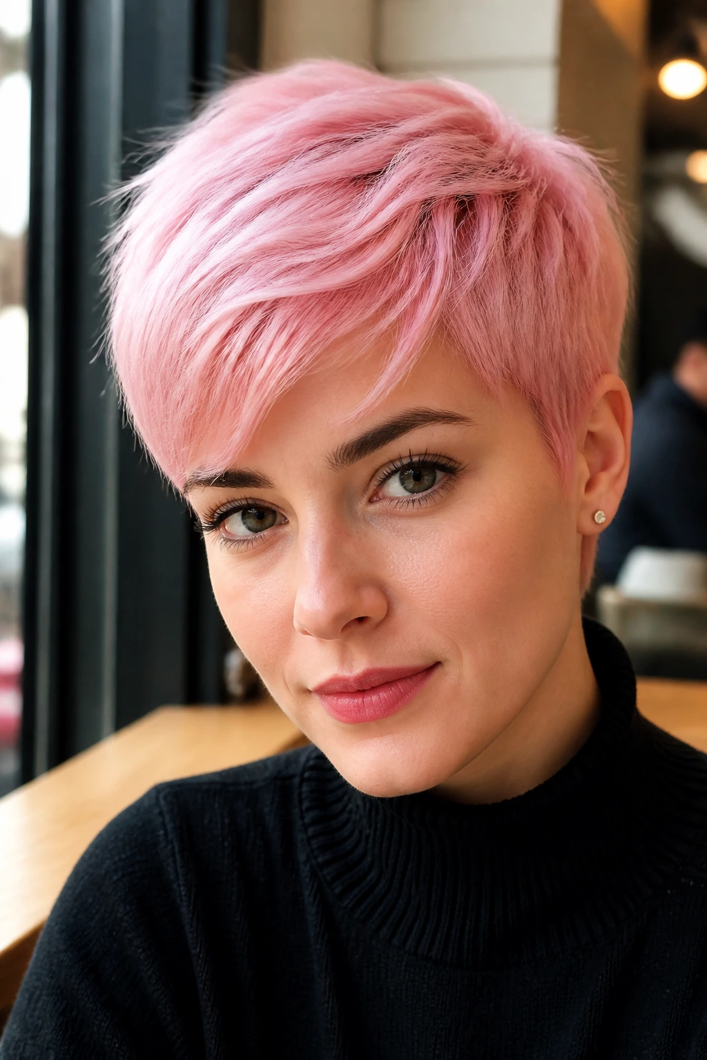 Portrait of a real woman with pale bubblegum pink pixie cut in a cafe setting