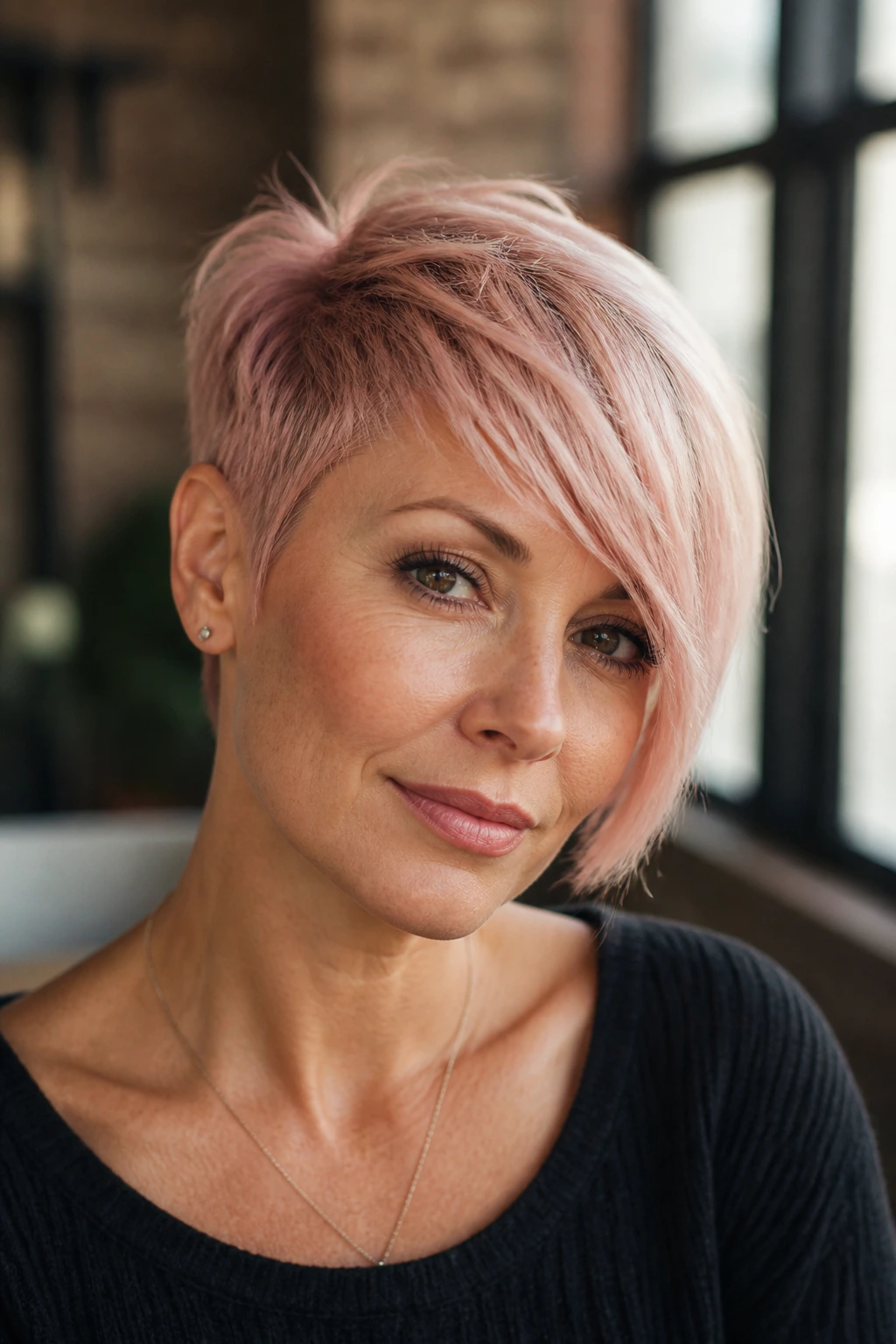 Portrait of a real woman with pink pixie and long side-swept bangs